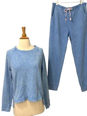 Sunnyside By Sundry Women's Waffle Knit Pullover & Jogger Pant Set Blue Size M